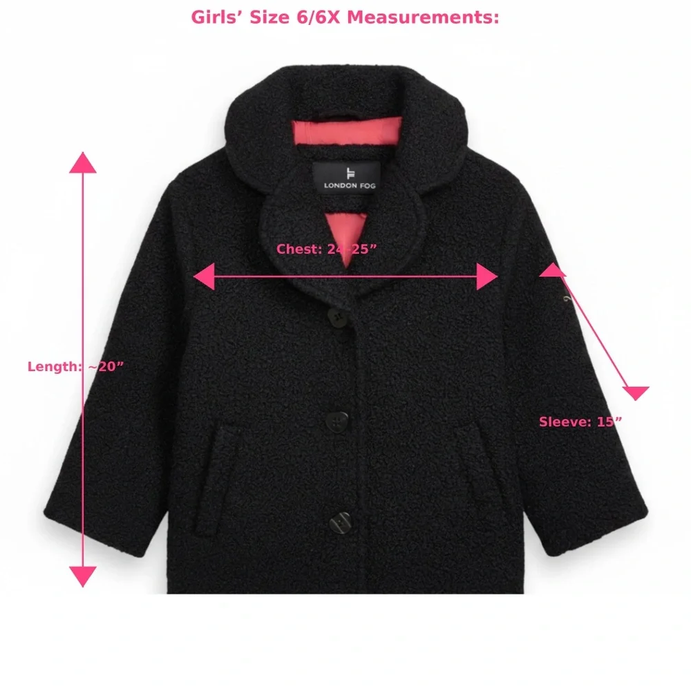 London Fog NWT Girls Coat 6/6X Black Teddy Jacket Hot Pink Lining Heart Buttons - Picture 4 of 8